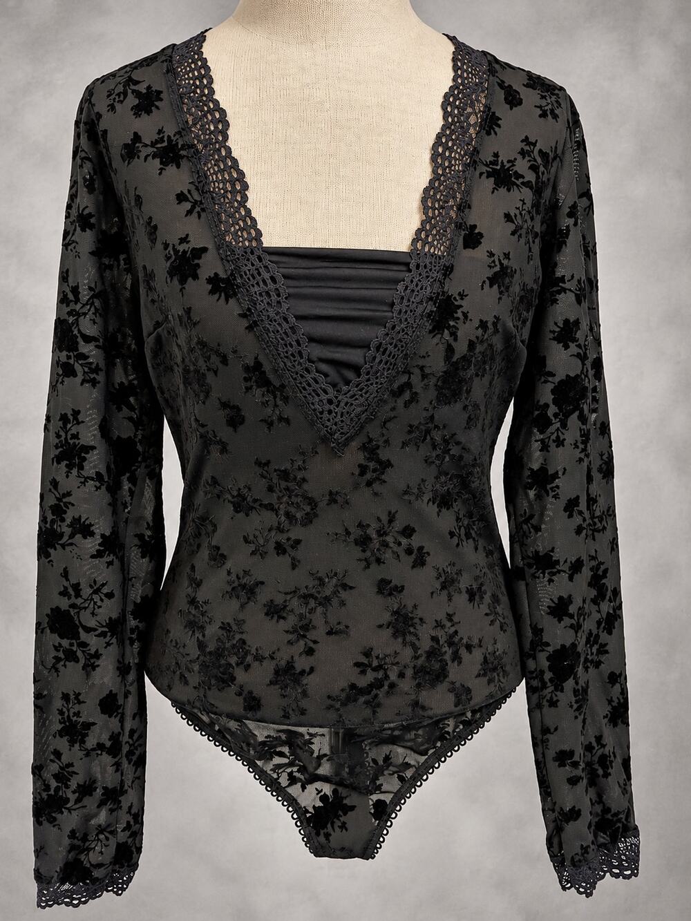 Intimately Free People bodysuit flocked mesh black velvet Med. goth coquette